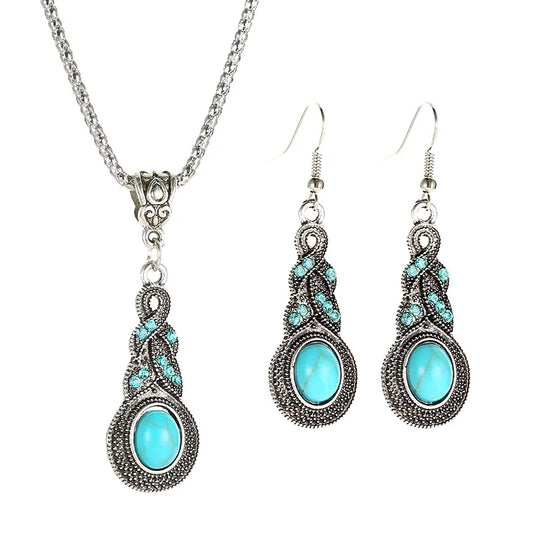 Bohemian Vintage Jewelry Set for women ethnic style Antique Silver Rhinestone Turquoise Pendant Necklace and Earrings Set