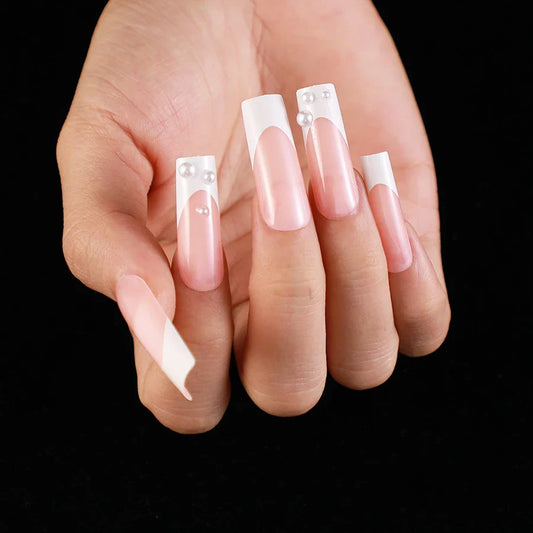 Nail Beauty Products Nude Long French Crystal Design Press On Nails With Pearl